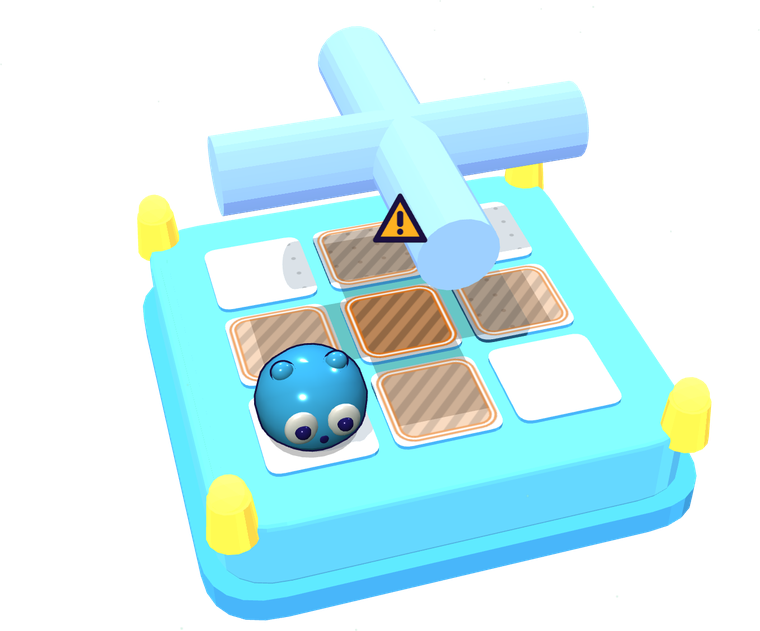 Gameplay: Gooey waits on a safe corner tile while two rolled gym mats fall onto the warning tiles